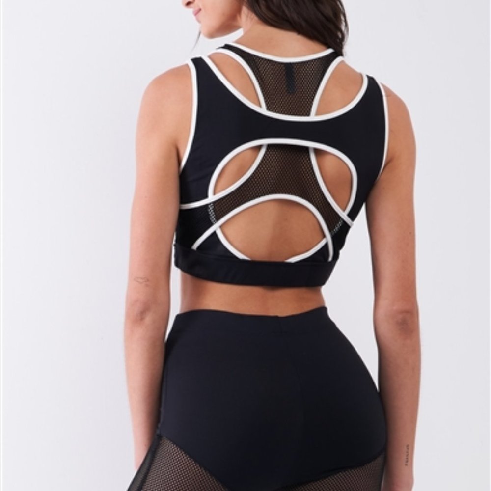 Black Combined Sheer Net Mesh Sleeveless Overlapping Racer Back Sports Bra Crop